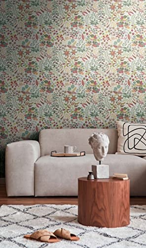 New Walls Tapete kleine Blumen & Blüten florale Vliestapete Schlafzimmer, Wohnzimmer grün rot creme leicht strukturiert – 10,05 x 0,53 m