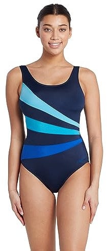 Zoggs Sandon Scoopback Badeanzug Damen Bauchweg (Navy/Umweltbewusster Stoff, Größe 36) Einteilige Badeanzüge für Damen mit Festen Schaumstoff-Cups und Mittelhohem Beinausschnitt