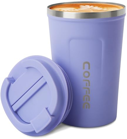 MOMSIV Coffee Cup, 380ml Vacuum Reusable Leakproof Double Wall Coffee Cup, Insulation Stainless Steel Eco-Friendly Travel Office Mug for Hot Coffee Tea and Cold Drinks, Purple