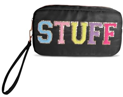 Reise Kosmetiktasche Klein, Preppy Kosmetiktasche, Chenille Patch Make-up-Tasche, Wasserdicht Kosmetik Organizer Tasche für Damen Face Hair Skin Makeup Tasche (Schwarz)