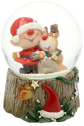 ***Schneekugel - Weihnachtsmann - Weihnachtself mit Rentier - auf Sockel in Holzoptik, L/B/H/Ø Kugel 6,5 x 7 x 9 cm Ø 6,5 cm