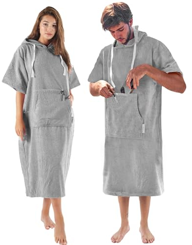 CalmyBEACH Frottee Badeponcho Damen Herren - Surf Poncho 100% Baumwolle Strandponcho mit Reißverschlussfach Kapuze Umziehhilfe Strand Bademantel (S-M, Grau)