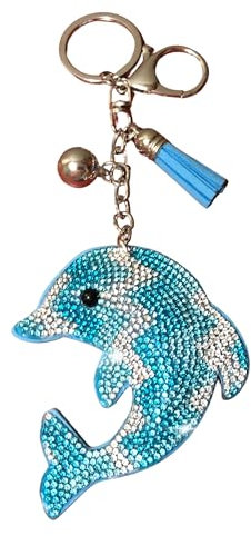 Popfizzy Bling Schlüsselanhänger Zubehör für Frauen, Strass-Autoschlüssel, niedlicher Geldbörsen-Anhänger für Handtaschen, Springender Delphin Aqua (Silber), Large