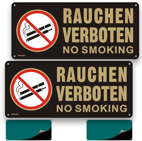 Rauchen Verboten Schild (No Smoking) | 2 Stück Rauchverbot Schild Metall Aluminium | 29x13cm Ashoaza Verbotszeichen Rauchen mit Selbstklebend und 4 Bohrlöcher | UV-Schutz und witterungsbeständig