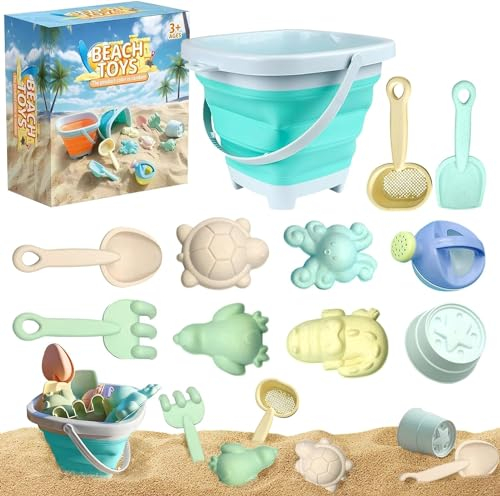Sandspielzeug Strandspielzeug Kinder, 11pcs Sandspielzeug Set, Sandkasten Spielzeug mit Faltbarer Eimer, Schaufel, Sandförmchen, Gartenspielzeug ab 1 2 3 4 5 Jahre Mädchen Junge Geschenke (A)