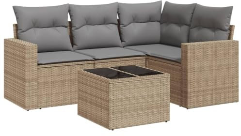 KOIECETA Gartenmöbel Set 5-TLG. Garten-Sofagarnitur mit Kissen Gartengarnitur Hellgrau Poly Rattan