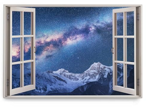 Paul Sinus Wandbild 120x80cm Fensterbild Nacht Berge Schneegipfel Galaxie Astrofotografie Sterne