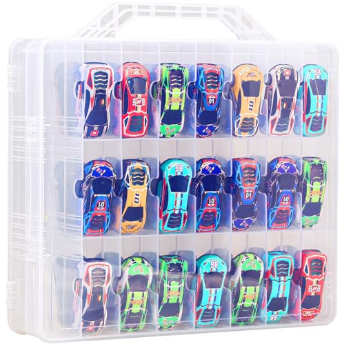 TONYLAIJIANTAO Toy Storage Organizer Case for Hot Wheels Car, for Matchbox Cars, for Mini Toys, for Small Dolls. Carrying Box Container Carrier with 48 Compartments (Transparent)
