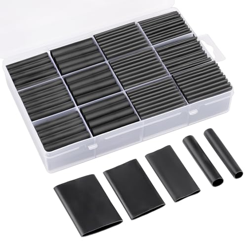 Schrumpfschlauch Set, 196 Stück Schrumpfschlauch Schwarz mit Kleber, 4:1 Schrumpfschläuche Wasserdicht für Kabelisolierung, Markierung, Kabelbündelung und Reparaturen (5 Größen)