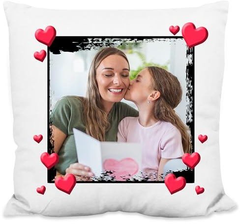 True Statements Foto-Kissen personalisiert mit eigenem Bild „Foto-Rahmen mit Herzchen“ - 40x40cm, inkl. Kissen-Füllung | Geschenk-Idee Muttertag & Geburtstag Zierkissen Deko