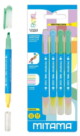 Mitama PASTEL TWICE - Evidenziatori Doppia punta colori pastello - Confezione da 4 pezzi - Colori assortiti. - Lunghezza 12,5 cm - Colori Scuola, Evidenziatori Scuola