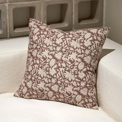 Amor Virisso Kissenbezug mit Blumenmuster, Couchkissen für Wohnzimmer, dekorativer Akzent, Blockdruck, Bauernhaus, neutrale Kissenbezüge, Sofakissen, 1 Stück, Braun