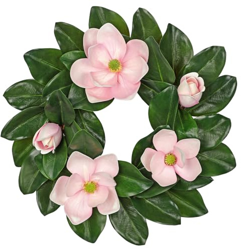 Oairse 20 inch Artificial Wreath for Front Door Pink Magnolia Wreath Greenery for Spring Summer Decor Home Wedding Farmhouse Mantel Door Year Round Decoration