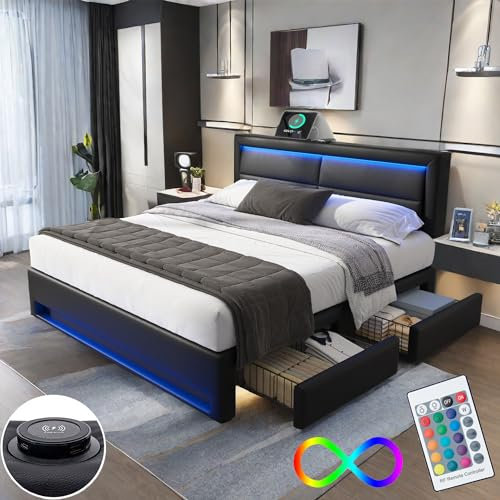 Bett 160x200 mit LED und USB(Unterstützt Kabelloses), Polsterbett 160x200cm mit 4 Schubladen und Kopfteil, Doppelbett mit Lattenrost, Stauraumbett Jugendbett Modernes Bettgestell aus PU -Schwarz