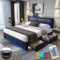 Bett 160x200 mit LED und USB(Unterstützt Kabelloses), Polsterbett 160x200cm mit 4 Schubladen und Kopfteil, Doppelbett mit Lattenrost, Stauraumbett Jugendbett Modernes Bettgestell aus PU -Schwarz