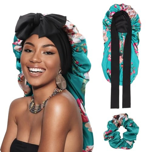 DRESHOW Lange Satin Zopfhaube für Damen Seidenhaube zum Schlafen Schlafmütze mit Elastischem Band Nachtmütze für Lange Lockiges Haar Locs