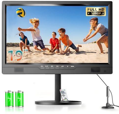 Desobry TV portátil de 19 1080p, TV pequeña con Antena, batería incorporada, TV de 12 V con Base Ajustable, Adecuado para Entretenimiento en el hogar, Viajes y Uso al Aire Libre, HDMI AV USB
