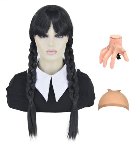 Schwarze Perücke für Perücke Lange zopf Perücken mit pony mit Händchen für Fasching Karneval Family Kostüm DE110