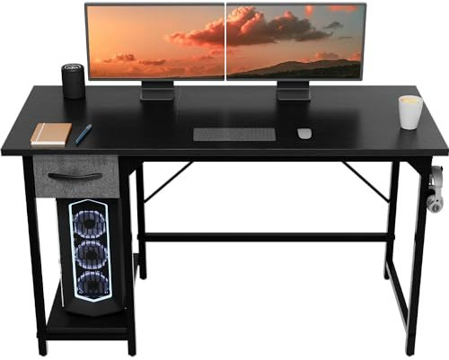 Devoko 120cm Schreibtisch Klein Tisch mit Schubladen, Bürotisch mit Kopfhörer Haken, Study Table, Computertisch Klein für Home Office, Aufbewahrungstasche,Schwarz