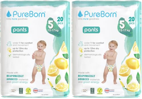 PureBorn Baby Premium Windeln Pants, Höschenwindeln, Größe 5 (12-17 kg), 20 Stück, Optimaler Schutz für Tag und Nacht, Dermatologisch getestet, Ultraweich, Hautfreundlich (Packung mit 2)