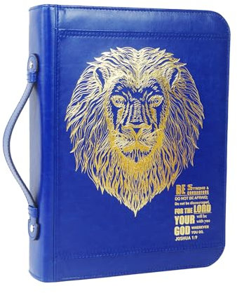 Micoklinlin Bibelhülle Mit Reißverschluss für Damen Herren Blau PU Leder Groß Bibel Studium Bibeltasche mit Josua 1:9 inspirierende Bibelvers mit Geprägtem Löwen Kirche Tragetasche