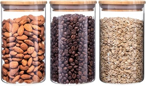 Bocaux en Verre Hermetique avec Couvercle, Lot de 3 950ml Boîtes de Rangement en verre transparent avec couvercles, Bocal en Verre et Bambou pour biscuits, pâtes, farine, riz, thé