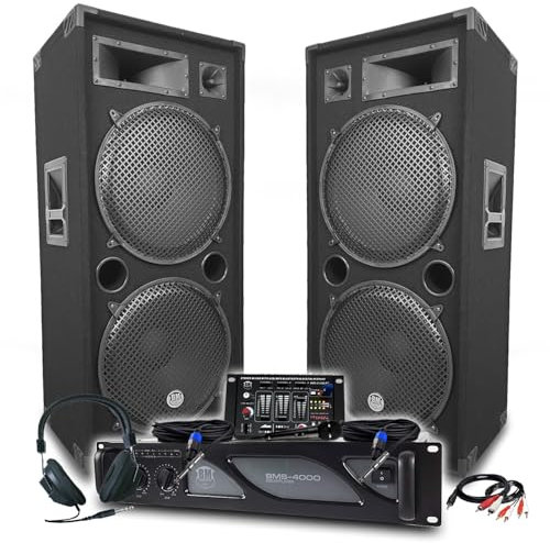 Pack Sono DJ BM Bmsonic Amplificateur 4000W, Paire d'Enceintes Passives LSC215 2x2000W, Table de Mixage, Casque DJ, Câbles, Micro