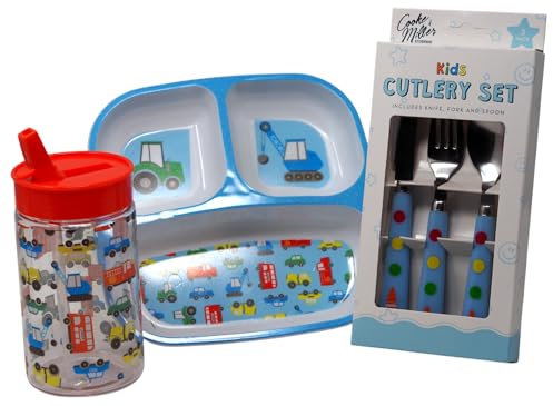 Kids Vehicle Dinner Set - Divided Plate Cup and Metal Cutlery Set