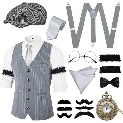 Xerteam 20er Jahre Kostüm Herren, Mafia Kostüm Herren mit Weste Taschenuhr Hut Krawatte Fliege Hosenträger Gläser, Halloween 20er Jahre Accessoires für Karneval Fasching Party