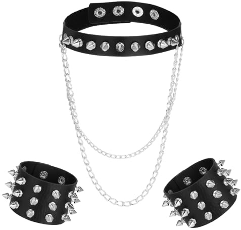 Falzqq 3-teiliges Leder-Halsband mit Spikes, Spike-Armbänder, Nieten-Halsband, Nieten-Armband, Manschetten-Set, Gothic, Zubehör, Puck-Rock-Outfits für Männer und Frauen