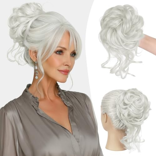 Sofeiyan Haarteil Dutt,1 Stück Haargummi mit Haaren,Messy Bun für Frauen | Grauweiß Dutt Haarteil,Hochsteckfrisuren Synthetisch, Tousled Updo Haarteile für Alltag Hochzeit