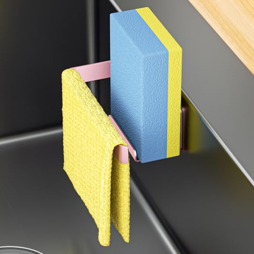 LOXSUN Sponge Holder for Kitchen Sink, Adhesive Dishcloth Holder, Dish Sponge Kitchen Sink Caddy 2 In 1, Metal Dishcloth Racks, Drying Rack for Dishcloths, Sponges, Brushes and Sink Plugs (Rose Gold)