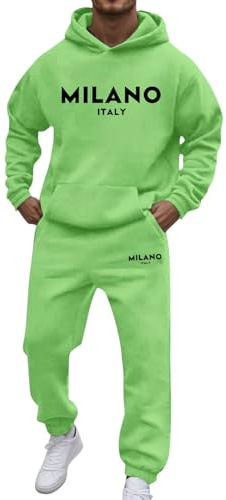 Survêtement en coton pour homme - Survêtement d'intérieur - Tenue décontractée - Sweat à capuche à manches longues avec poche et pantalon avec cordon de serrage - Imprimé lettres tendance, vert, XXL