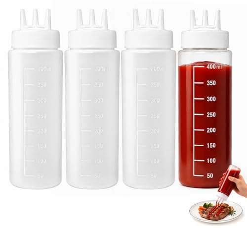 Muexoee Condiment Squeeze Bottles 4 Pack, 13.5oz/400ml Large Plastic Squeezy Sauce Bottles, Food Grade BPA Free Leak Proof Squeeze Bottles for Sauce Ketchup BBQ Salad Dressing Cooking Art Crafts