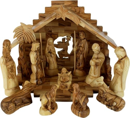 zytoon Weihnachtskrippe aus Olivenholz mit Stall Exquisite (14-teiliges Set)