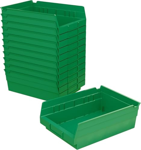 Akro-Mils 30150 Plastic Shelf Bins, Heavy Duty Storage Bins for Garage, Closet, and Drawer Organization, 30.48 cm x 16.51 cm x 10.16 cm, Green, 12-Pack
