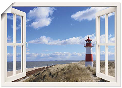 ARTLAND Wanddeko Poster & Kunstdrucke Wandposter Fensterblick Fenster Strand Meer Maritim Düne Leuchtturm Sylt Nordsee T5SD