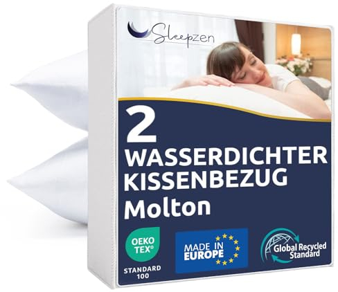 Wasserdichter Kissenbezug 65 x 65 cm, Kissenschoner mit Reiflverschluss, Made in EU Oeko-Tex® Zertifiziert Recycelte Baumwolle Molton GRS® Weiches, 2er Pack Zip, Anti-Milben & Bettwanzen