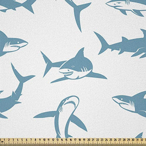 ABAKUHAUS Hai Satin Stoff als Meterware, Scary Predators mit Flossen, Zum Nähen Toller Stoff für Heimtextilien Aller Art, 3M (148x300cm), Weiß Blau