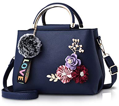 NICOLE & DORIS Damen Leder Handtasche Umhängetaschen mit Blume Jahrgang Griff Tasche Designer Tote Geldbörse mit Pom Pom Dunkelblau
