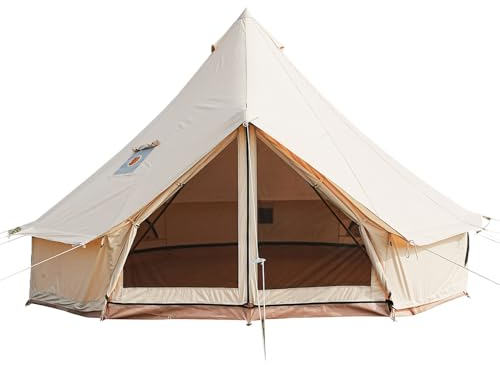 Atmungsaktives Glockenzelt aus 100 % Baumwoll-Canvas, wasserdicht, große Zelte mit stabiler Mittel- und Türstange und Platz für 4 Personen, 6 Personen, 10 Personen, Camping-Yurt-Stil, 4 m