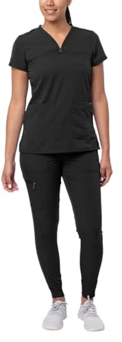 Adar Pro Movement Booster Scrub Set for Women - Sweetheart V-Neck Scrub Top & Yoga Jogger Scrub Pants - P9400 - Black - S