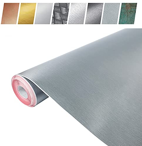 DecoMeister Lámina Adhesiva para Muebles Nevera Efecto Aluminio Cepillado Liso Vinilo Autoadhesivo Plata para Cocina Puerta Pared Papel Decorativo para Bricolaje Decoración Hogar Rollo 67,5 x 200 cm