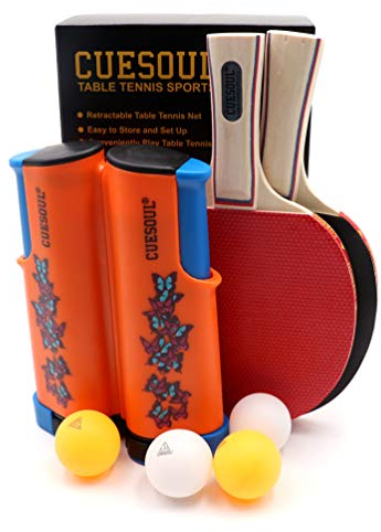CUESOUL 2 Spieler Tischtennis Set mit 2 Paddeln und 4 Bällen einziehbarem Netz