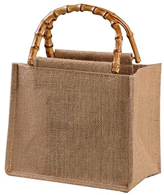 Myya Borsa per la Spesa in Iuta Portatile con Manico in Bambù, Riutilizzabile per l'All'aperto