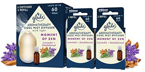 Glade Aromatherapy Cool Mist Diffuser Gift Set, Home D�cor Essential Oils Diffuser Calming Fragrance, Moment of Zen with Lavender & Sandalwood, 1 Holder + 3 Refills