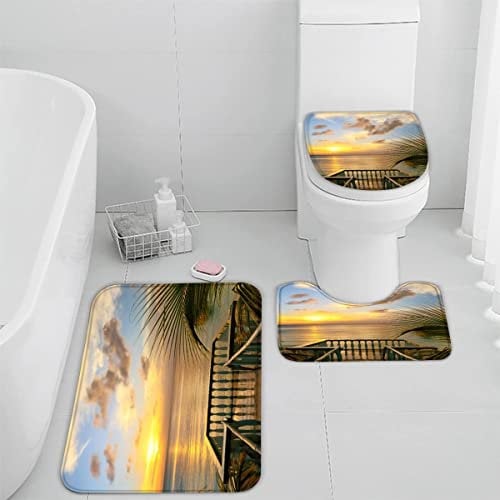 Badematten Set 3 teilig 50x80 Strand Ozean 3D Badezimmerteppich Set WC Vorleger Set rutschfeste Badematte Maschinenwaschbar Badteppich Set für Badezimmer Flanell badvorleger Palmen Sonnenuntergang