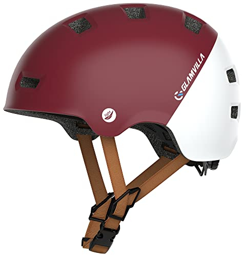 GLAMVILLA Skaterhelm Fahrradhelm Ultraleicht Stadthelm für Kinder/Damen/Herren,Verstellbar Unisex Schutzhelm für Skateboard E-Scooter Roller BMX,nur 260g/270/280g (Weinrot mit Weiß, M(54-57cm))