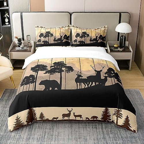 Jagdbär 100% Bio-Baumwolle Tröster Bezug,Western Farmhouse Stil Bettbezug 135x200,Rustikale Alte Scheunentür Bettwäsche Set,Wildlife Wald Abenteuer Zimmer Dekor Bettwäsche Abdeckung