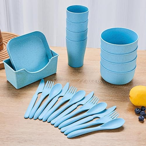 OriGlam 25pcs Plates and Bowls Sets Dinnerware Sets, Plastic Picnic Party Camping Dinner Sets Dishes Set, Plates Mugs Bowls Dishes Cutlery Set Microwave Safe (Green)